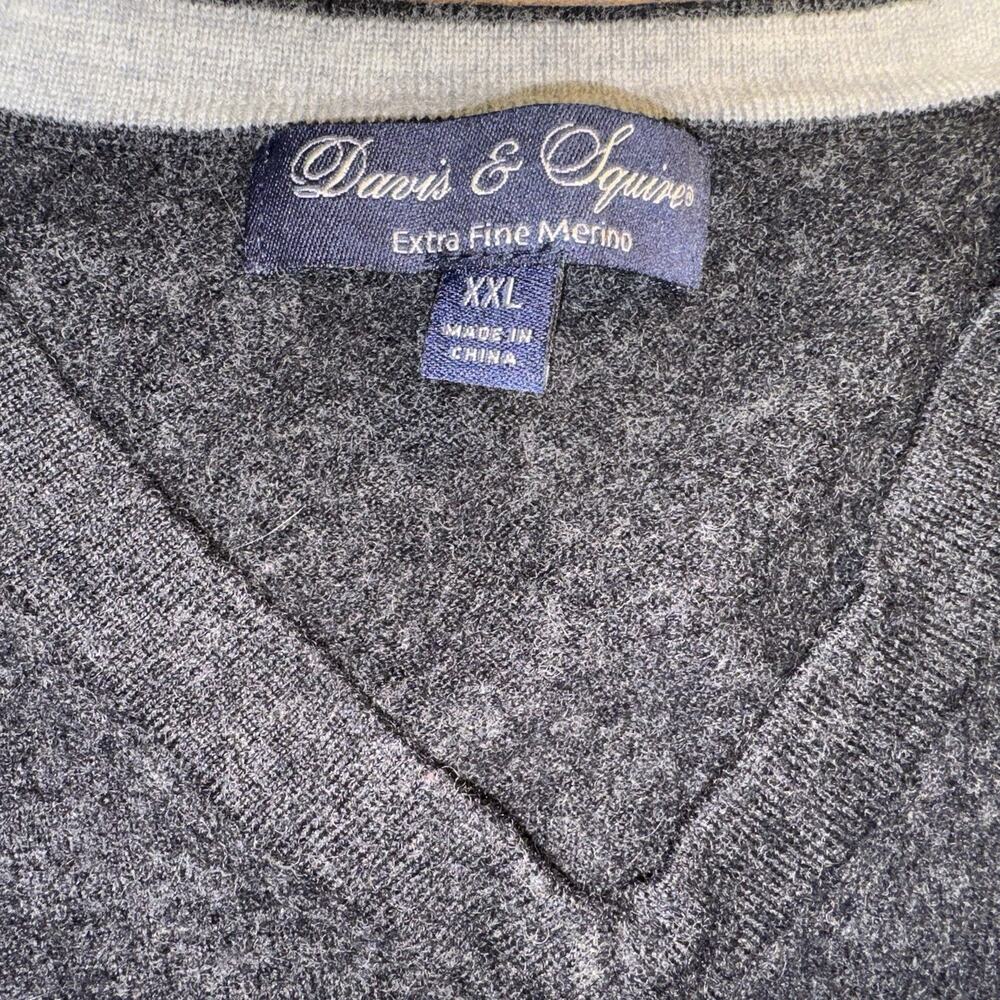 Davis & Squire Sweater Mens XXL Extra Fine Merino Wool V-Neck Grey